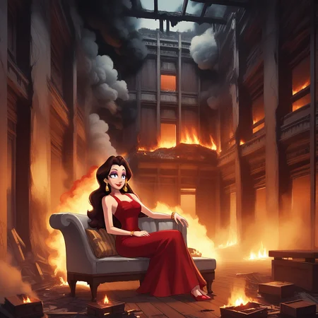 score_9, score_8_up, score_7_up, score_6_up, score_5_up, score_4_up, zPDXL2,source_anime,rating_questionable, 1girl, lounging, couch, long hair, smile, looking away, <lora:Pauline_-_Mario_Series:0.8> Pauline, Earrings, makeup, long brown hair, red dress, <lora:Burning_Building:1> burn1ngbuild, fire, scenery, building, ruins, smoke, indoors