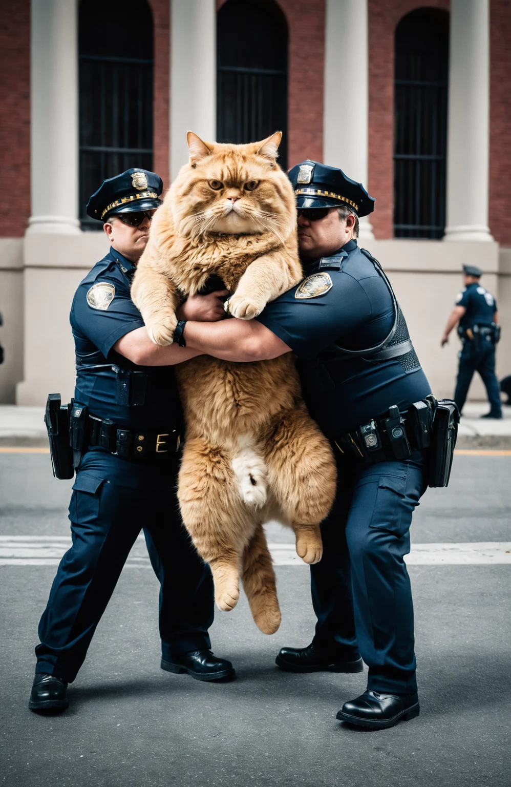 two laggard cops arresting ridiculously chubby enormous cat, 8k, RAW photo, best quality, ultrarealistic, ultra-detailed, vignette, highly detailed, high budget, moody, epic, gorgeous, film grain