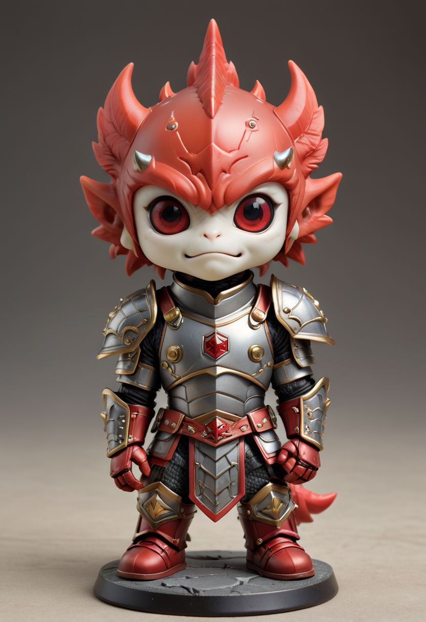 Cute little happy miniature chibi draghon with big comically bright red eyes, wearing armor and converse plated armor, arms crossed