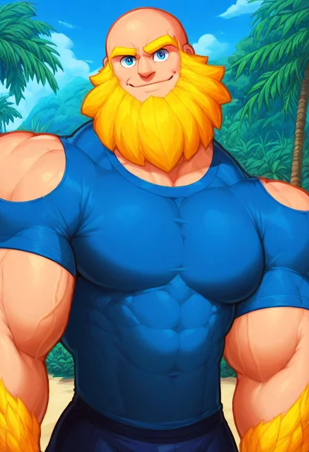 score_9, score_8_up, score_7_up, score_6_up, score_5_up, score_4_up, rating_questionable <lora:gomtang_style_1:1, <lora:add-detail-xl:1.5>, Completely Bald, Half Body, Flexing Muscle With One Arm, (Tropical House Scenery), 1boy, {Strong Triangular Jawline}, bodybuilding, {massive pectoral}, {beefy muscle}, Tall, Goliath, Rugged Features, Chiseled Features, Mature Male, 40-Year Old Man, {Thick Yellow Eyebrows}, {Blue PE Teacher Shirt Outfit}, Blue Eyes, Brawl Stars Style, Saying Hi, Closed Mouth Smile, Highlights,, Bald, Strong Neck, Epic Beard, {Very Long Beard}, Big Beard, Small Waist, Huge Biceps, ({Yellow Beard}), GomTang, {very long big epic beard), <lora:Cruz'sBeardedMan:0.7>,