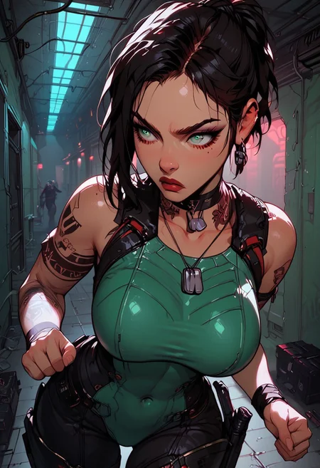 Score_9, Score8_up, Score_7_up, (((High Resolution, Best Quality))), 
1girl, solo, toned arms, sleeveless, Covered in Tattoos, neck tattoos, hair tied up, black hair, green stripe in hair,
futuristic, futuristic armor, neon green lights on bodysuit, armored suit, body armor, armor, plated armor, revealing bodysuit, tight bodysuit, tactical, military gear, toxic canisters, toxic chemicals, poision vials, 
large breasts, choker, dog tags, ear piece, 
annoyed, surprised, 
Hallway, running, dynamic position, action shot, 
inside, Military, military base, military barracks, crates, military boxes, guns, bullets, supplies, alarms, red alarm lights, flashing lights, red alert,