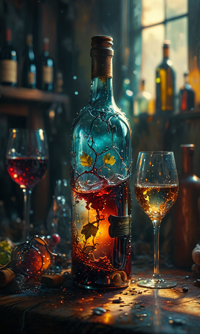 wine bottle and glass, masterpiece, fantasy, digital art, highly detailed, overall detail, atmospheric lighting, Awash in a haze of light leaks reminiscent of film photography, awesome background, highly detailed styling, studio photo, intricate details, highly detailed, cinematic, <lora:MJ52:0.6>,  <lora:SDXLFaeTastic2400:0.6>,