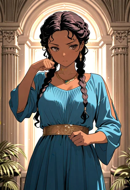 Smooth_Quality, masterpiece, best quality, highres, absurdres, romanfashion, 1girl, solo, dojikko pose, dark skin, dark hair, long hair, braids, curls,  pale skin, blue dress, jewelry, necklace, split sleeves, earrings, inside, roman villa, columns, plants, roman murals, motion lines, <lora:roman_fashion:0.8>