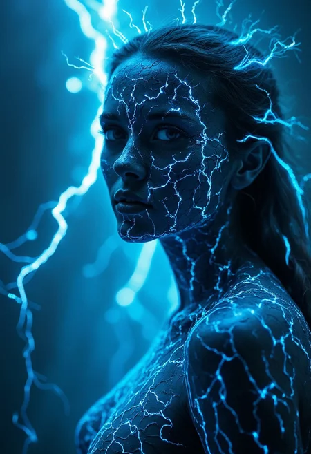 Portrait of a woman goddess of thunder, skin covered with blue lightning scales, facing viewer , looking at viewer ,mad-lghtnng ,aidmaMJ6.1