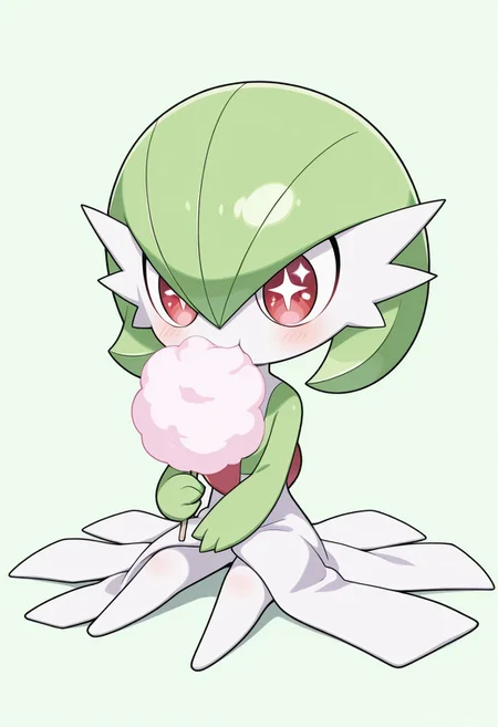 masterpiece, best quality, absurdres, amazing quality, detailed face, detailed skin, detailed eyes, high resolution, official style,
1girl, ((chibi:1.1)), ((anime chibi style:1.1)), gardevoir \(pokemon\),
solo, sitting on floor, full body, excited, cute, happy girl, eating cotton candy, holding cotton candy, eyes wide open, sparkling eyes,
simple light green background,
((no text:1.1)), ((no signature:1.1)),