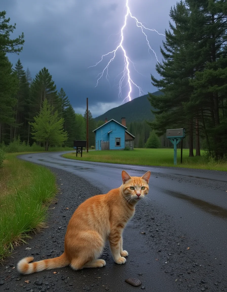 closeup photo of an abandoned orange cat is sitting on the country road in the rain. The rugged road is lined with tall oak and aspen trees and takes a sharp turn in the distance where there is a rundown but freshly painted squat blue house with a leaning mailbox. Lightning flashes in the clouds above.