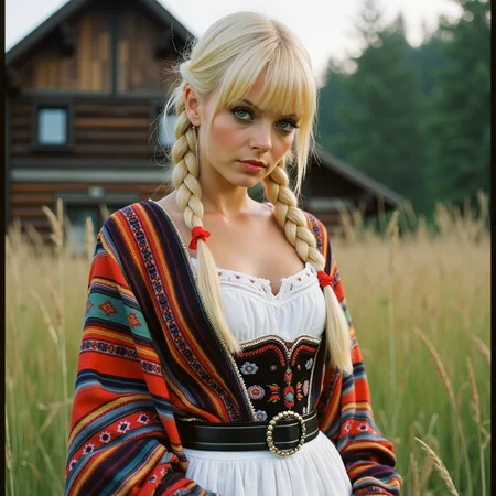 analog photography, shot by Kodak Duaflex II, ultra detailed, ultra quality, cinematic, dynamic posing, sensual pose, bangs, a mesmerizing woman with platinum blond hair woven into an elegant braid, adorned with bright red ribbons, standing in a lush meadow. She wears a traditional Romanian blouse (ie) with intricate black and red embroidery, symbolizing fertility and protection. Her flowing white skirt features delicate floral lace along the hem, and a wide, beaded belt accentuates her waist. Over her shoulders, she drapes a vibrantly woven wool shawl with geometric patterns. Her gaze is soft and mysterious, her Slavic cheekbones illuminated by the golden sunset as she stands near a quaint wooden village. <lora:Janacovaxhres-grm80vx:1> jancov