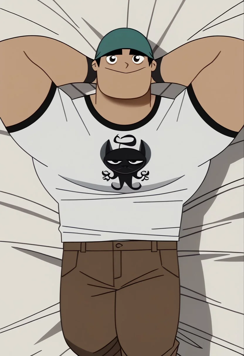 score_9, score_8_up, score_7_up BREAK BiffyD, 1boy, short black hair, black eyes, dark green brimless cap, short-sleeved white shirt with black accents, black wristbands, brown pants, white socks, male, male focus, solo focus, alone, full body, screenshot, official art, parody, cartoon footage, official design, screencap, cartoon screenshot, official screenshot, 2d, cartoon, source_cartoon, happy, looking at viewer, lying in bed, hands behind head,