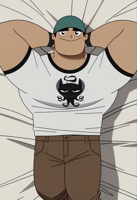 score_9, score_8_up, score_7_up BREAK BiffyD, 1boy, short black hair, black eyes, dark green brimless cap, short-sleeved white shirt with black accents, black wristbands, brown pants, white socks, male, male focus, solo focus, alone, full body, screenshot, official art, parody, cartoon footage, official design, screencap, cartoon screenshot, official screenshot, 2d, cartoon, source_cartoon, happy, looking at viewer, lying in bed, hands behind head,