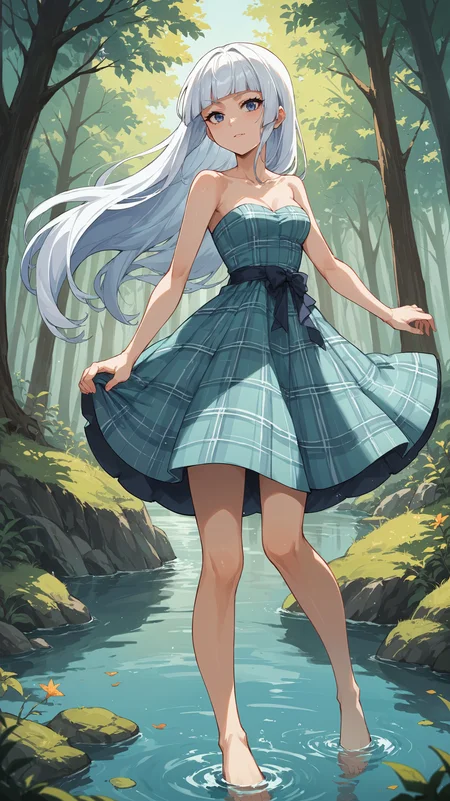 score_9,score_8_up,score_7_up,score_6_up, <lora:xl_more_art-full_v1:0.5>, source_anime, girl, dynamic pose, wrapping arms around legs, <lora:Saiko Intelli - Pony-000004:0.8>, long hair, white hair, blunt bangs, blue eyes, plaid dress, spring dress, strapless dress, forest, river stream, flowing water,
