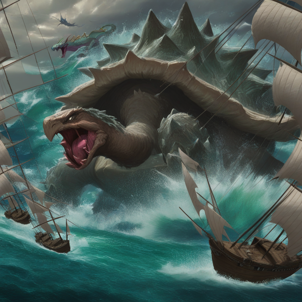 masterpiece, best quality, newest, absurdres, highres, DTV1.0, Turtle, Dragon,  pokemon (creature), monster, no humans, ocean, water, ship, battle,