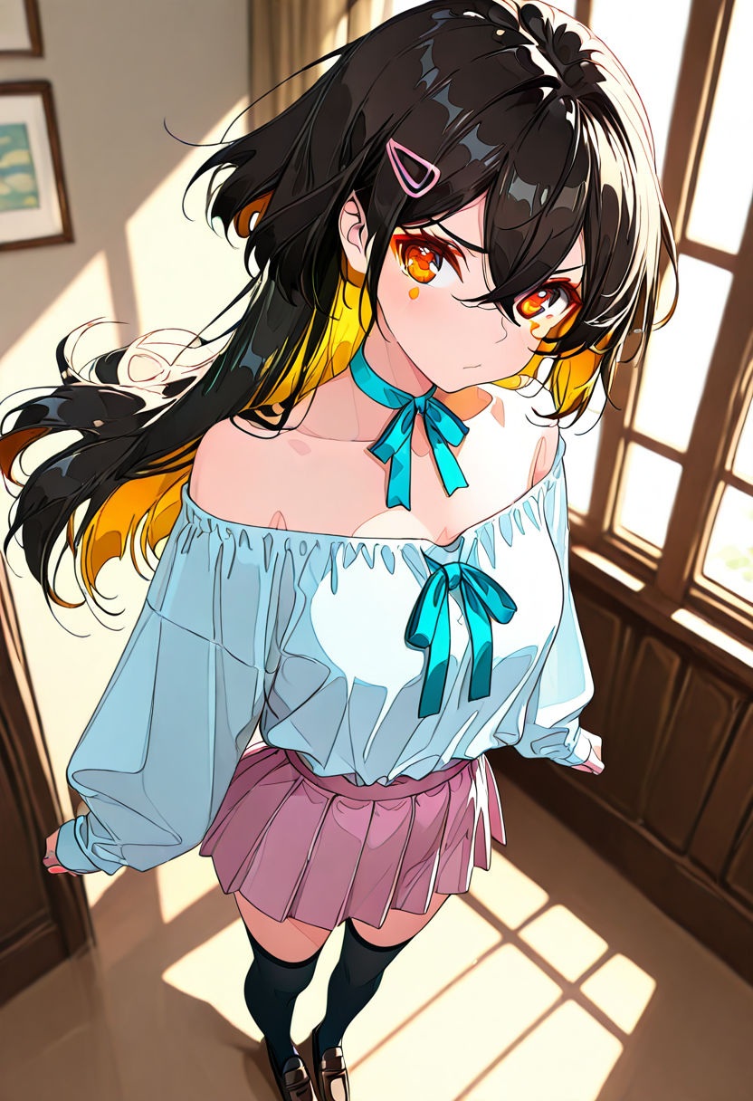 masterpiece, ultra-HD, very aesthetic, 8K, high detail, depth of field, score_9, score_8_up, 
BREAK
1girl, solo, ((slightly short side hair)), (reverse mullet:1.3), hair covering the gap between the eyes, black hair, Amber eyes, Amber inner hair, light Amber color eye makeup, (medium-length back hair), layered straight hair, airy bangs, ((side hair framing the face)), parted bangs, 
BREAK
white off-shoulder blouse, lavender pleated mini skirt, black thigh-high socks, dark brown loafers, light blue ribbon choker, pastel pink hairclip, 
BREAK
standing, pouting
BREAK
<lora:Black_Wolf-Cut_Girl_with_Orange_Inner_Layers:1>,