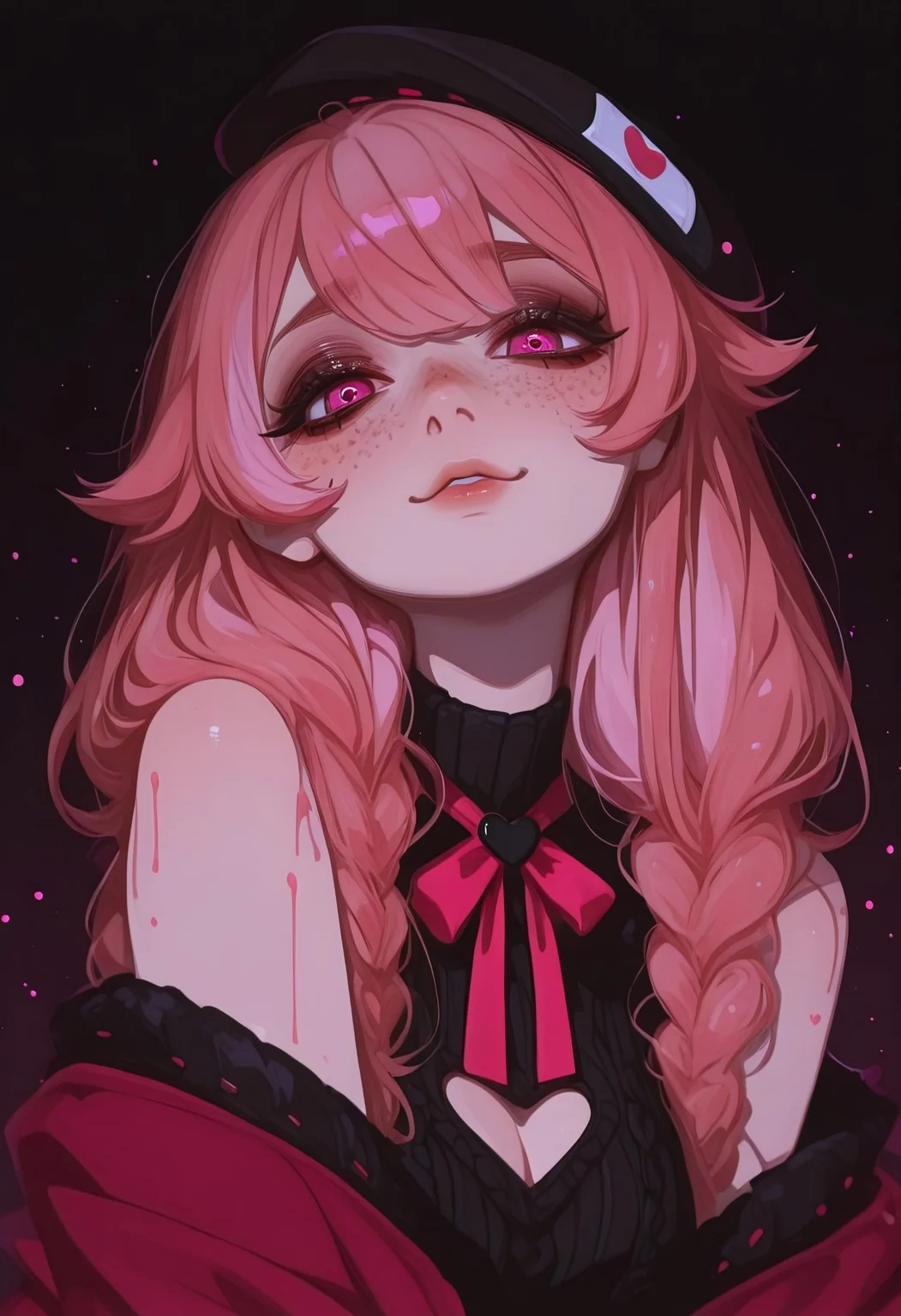1girl, solo,

pillowdear1st, clothing cutout, beret, jacket,
salmon-pink hair, pink eyes,
freckles,
beautiful eyes, detailed face,
looking at viewer,
dynamic composition, yandere expression, dynamic pose,

anime style, anime, pastel,
xxx667_illu, artist:moriimee, 748cmstyle, no lineart, flat color, ink art, EGirlPFP