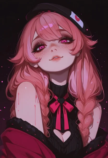 1girl, solo,

pillowdear1st, clothing cutout, beret, jacket,
salmon-pink hair, pink eyes,
freckles,
beautiful eyes, detailed face,
looking at viewer,
dynamic composition, yandere expression, dynamic pose,

anime style, anime, pastel,
xxx667_illu, artist:moriimee, 748cmstyle, no lineart, flat color, ink art, EGirlPFP