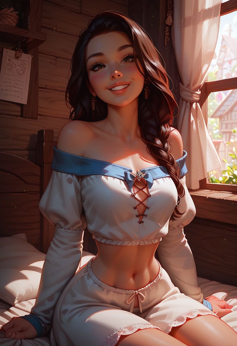 score_9, score_8_up, score_7_up, score_6_up, score_5_up, score_4_up, girl, (beautiful face, cute face, 18 years old), brunette, long straight hair, medieval dress, off shoulder, midriff, (tiny waist, flat stomach, narrow hips):1.4, inside cozy medieval cabin, soft lighting, smiling, blush, looking at viewer