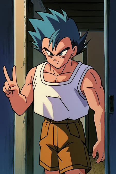 score_9,score_8_up, score_7_up, BREAK ict style,retro artstyle,1boy, solo, male focus,walking, doorway, blue hair, spiked hair, super saiyan, blue eyes, white tank top, cargo shorts, v, light smile,peace sign, indoors, <lora:PokeMoviesPony:1> <lora:TienPonyV3:1>