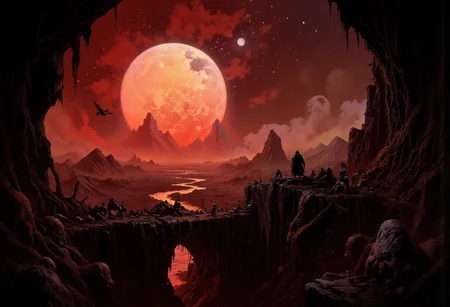 Cumberland gap, it's a devil of a gap,
,heavy rain,giant moon,silhouettes,restless souls,ravens,jagged,stars,alien-textured,down into the depth,epsilon,beta,omega,glowing in the dead of night,interwoven branching structures,depth and dimensionality,shimmering,horror theme,dark fantasy,best quality,masterpiece, detailed, UHD, lots of fine detail,award-winning,vibrant,acid colors,gloss,illustration,surreal,cinematic, ,visionary,disturbing,angst,thrilling,dramatic angle,unique perspective,hdr,red,yellow,deep darks, iridescence,intense poignant atmosphere,creative,uncommon,
Thomas Cole
Piotr Jabłoński
Greg Rutkowski
Edvard Munch
Edgar allan poe
Ivan Aivazovsky
