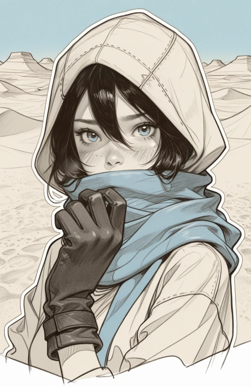 pencil sketch,pencil drawing,monochrome,sketch BREAK
1girl,solo,looking at viewer,blush,blue eyes,black hair,gloves,hair between eyes,upper body,outdoors,sky,day,hand up,hood,scarf,hood up,gloves,freckles,sand,covered mouth,blue scarf,desert,
BREAK.,<lora:Sketch:1>,sketch,pencil drawing,monochrome,outline,