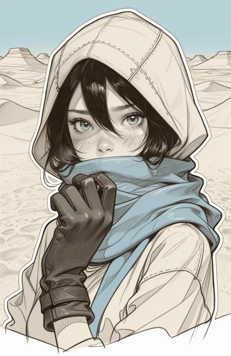 pencil sketch,pencil drawing,monochrome,sketch BREAK
1girl,solo,looking at viewer,blush,blue eyes,black hair,gloves,hair between eyes,upper body,outdoors,sky,day,hand up,hood,scarf,hood up,gloves,freckles,sand,covered mouth,blue scarf,desert,
BREAK.,<lora:Sketch:1>,sketch,pencil drawing,monochrome,outline,