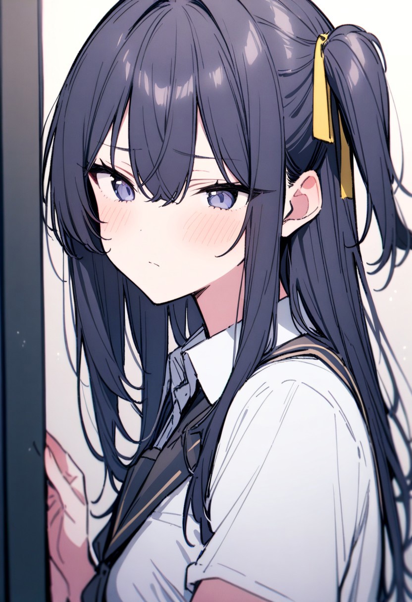 masterpiece, best quality, 32k, high resolution, absurdres, izumi shiho, 1girl, solo, shirt, white shirt, upper body, collared shirt, one side up, blush, school uniform, hair ribbon