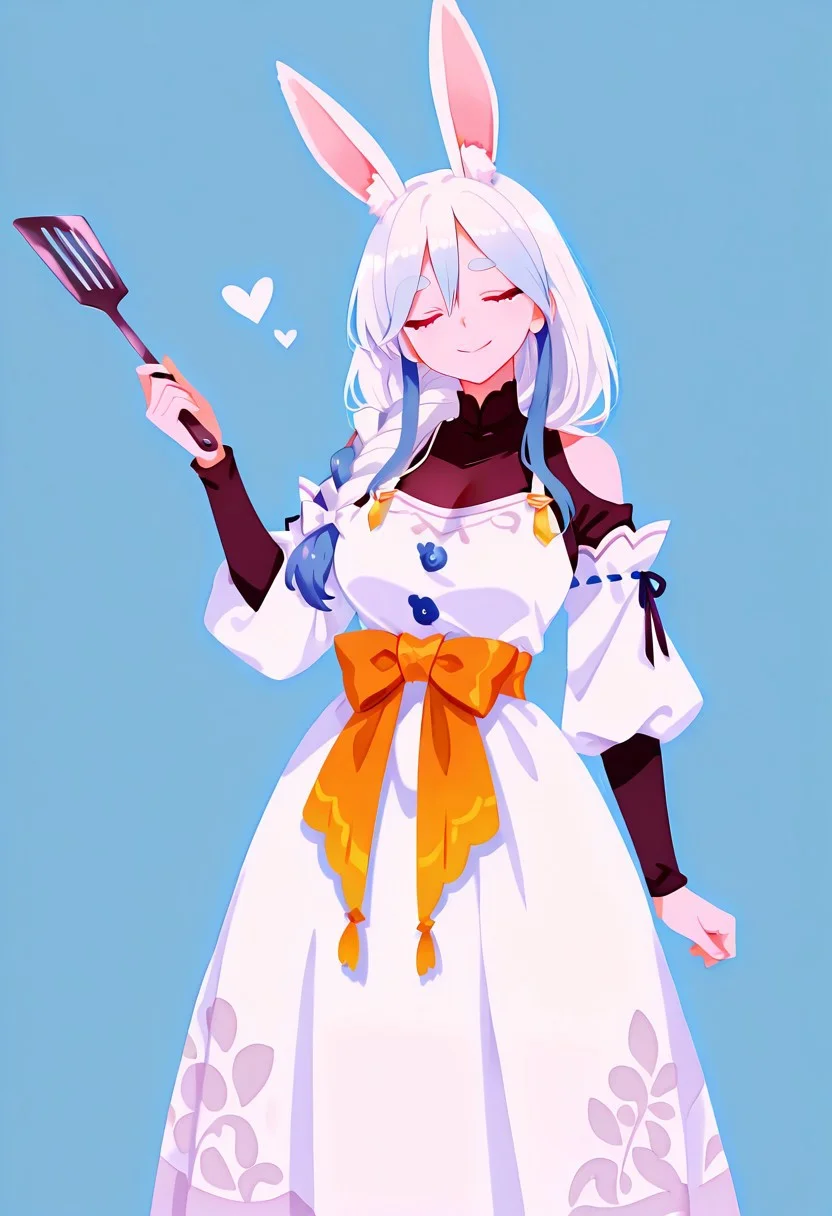 masterpiece,best quality,amazing quality, solo, p4k0mm, closed eyes , smile,rabbit girl, animal ear fluff, large breasts, red eyes, short eyebrows, thick eyebrows, multicolored hair, blue hair, white hair, long hair, hair between eyes, braided ponytail, white hair bow,holding a Spatula,bodystocking, shoulder cutout, white dress, long dress, see-through cleavage, dress bow, orange bow, detached sleeves, 
simple background, blue background,love symbol,haiz_ai, no lineart,no outline ,<lora:ponyv6_noobE11_2_adamW-000017:0.3> <lora:MeMaXL4:0.8> <lora:veluflora-wai:0.4> <lora:haiz_ai_illu:0.7>,