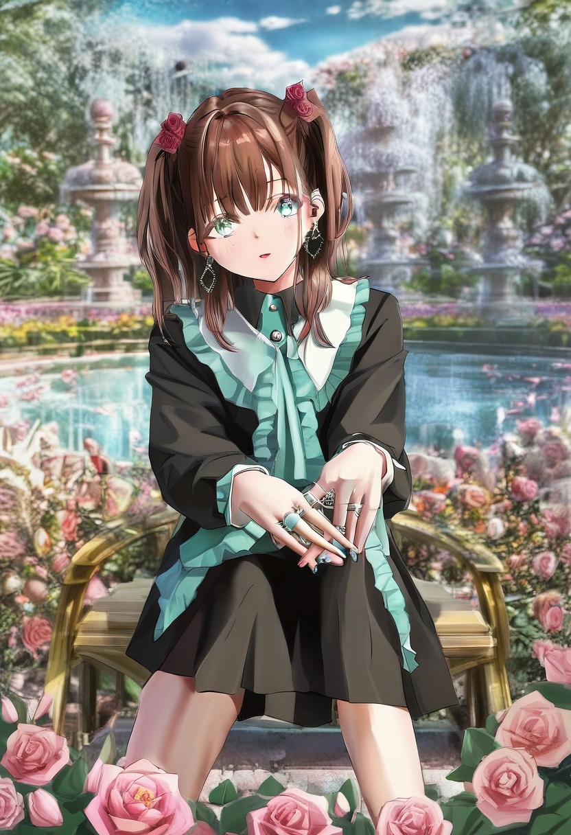 (animated pose:1.10), acting like, (From head to knees shot:1.10), (acting:1.07), perfect cool adult girl, female focus, adult, very beautiful, very aestethic, She wears an aestethic combination of clothes, detailed clothes with textures, (brown hair:1.05), hairstyle, (blue aqua eyes:1.05), lively character, lively behavior, looking at you, photography, accessories, rings, well-formed earrings, dynamic two hands, outdoors, cute anime park, fountain, flowers, red rose petals, pink rose petals, ancient benches, composition, absurd, epic, professional illustration, digital artwork, fashion, attire, AI_anime