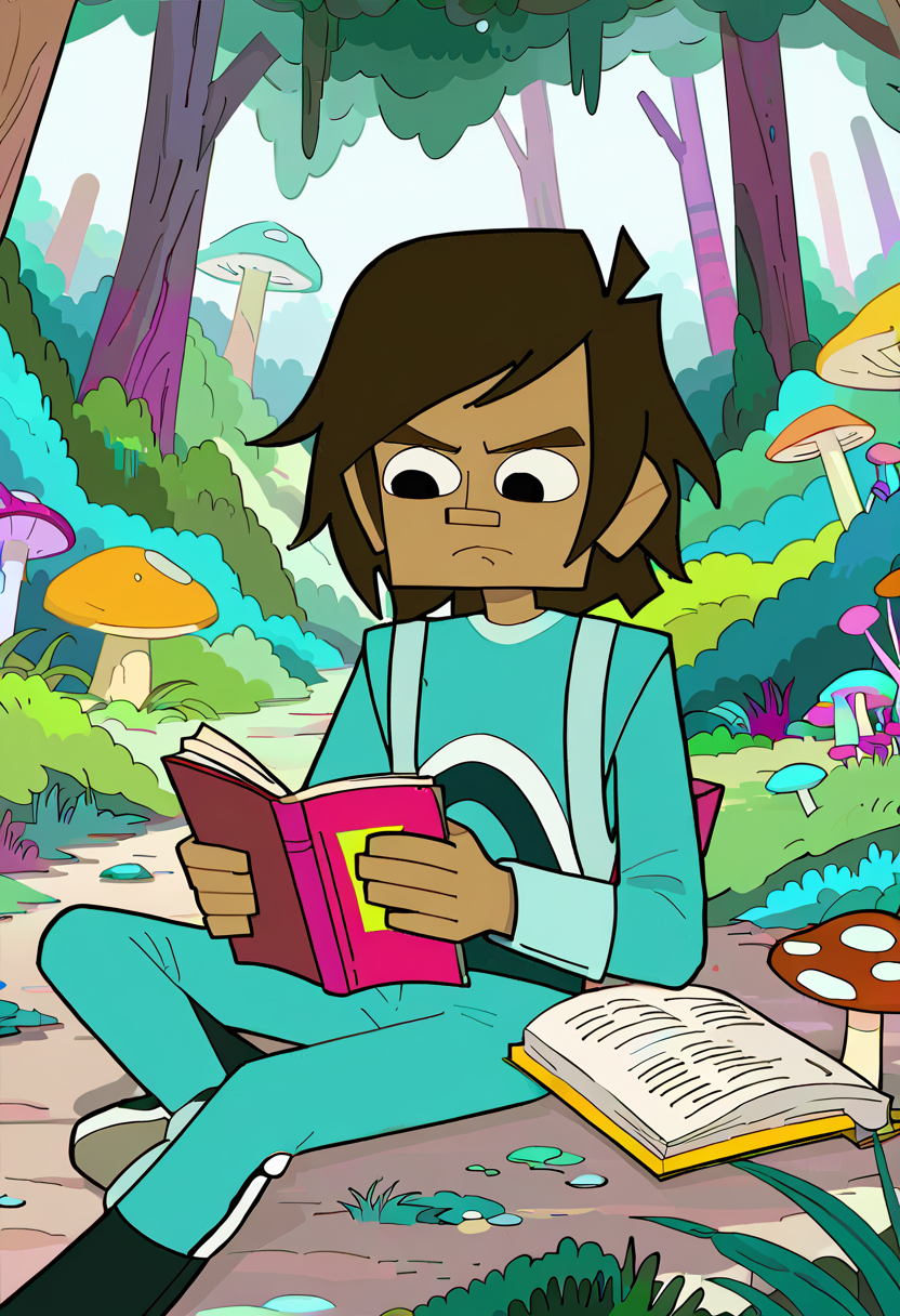 <lora:TwelveForever_Todd_Pony:0.9>, todd \(regular\), reading, frown, todd, twelve forever, 1boy, solo, short hair, black eyes, mushroom forest, masterpiece, best quality, score_9, score_8_up, score_7_up