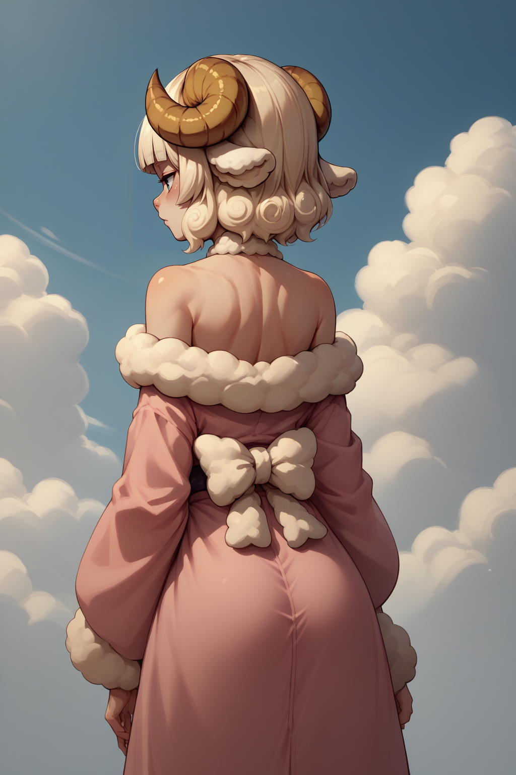score_9, score_8_up, score_7_up, 1girl, solo, <lora:NSWeresheepMGE:0.9> NSWeresheepMGE, medium hair, blunt bangs, fur trim, sheep horns, sheep ears, from behind, pink kimono, bare shoulders, clouds