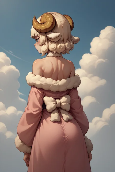 score_9, score_8_up, score_7_up, 1girl, solo, <lora:NSWeresheepMGE:0.9> NSWeresheepMGE, medium hair, blunt bangs, fur trim, sheep horns, sheep ears, from behind, pink kimono, bare shoulders, clouds