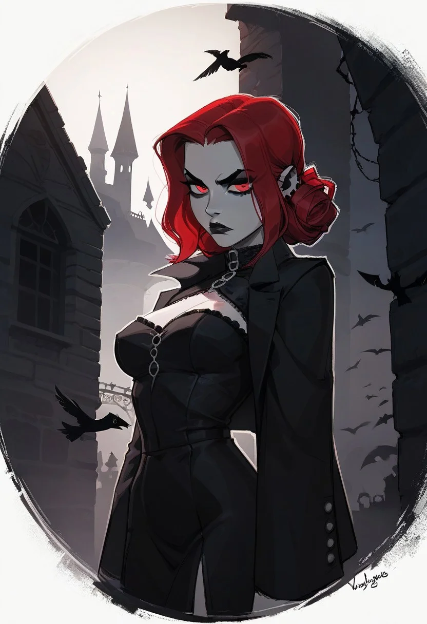 score_9, score_8_up,  score_8_up,  sexy woman,   vampires, intricate outfit, bobcat hairstyle,  black coat,  serious expression,  gothic atmosphere, crows, dark castle, outdoors,  black colors, red colors, detailed background,  simple shadows, flat coloring, flat shadows, thick lines, white outline,