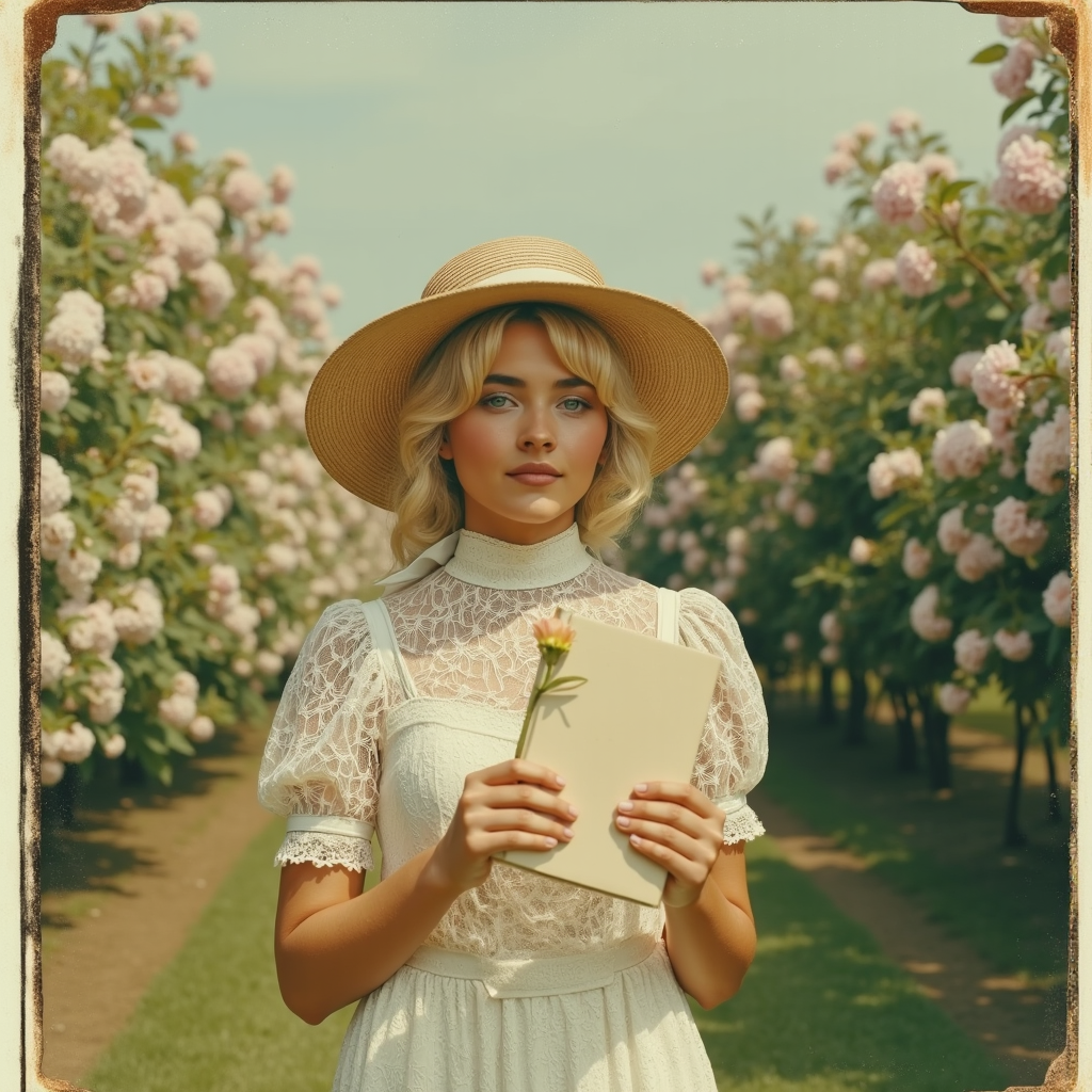 Faded Polaroid Photo, analog film photo A young blonde teen with a serene expression, styled like an Edwardian girl from the early 1910s, wearing a high-neck lace dress with puffed sleeves and a wide-brimmed straw hat tied with a silk ribbon. She strolls through a blooming garden maze in soft afternoon light, holding a journal and a single flower. Captured with a large-format wooden plate camera, soft sepia tones, subtle light bloom, hand-colored tinting effect, vignetted edges, and a shallow depth of field that gives a painterly quality to the frame â a tranquil, timeless snapshot from a forgotten era.<lora:Sabrina Carpenter-v1:1> s4br1n4c, pop idol, petite blond . faded film, desaturated, 35mm photo, grainy, vignette, vintage, Kodachrome, Lomography, stained, highly detailed, found footage, analog, old faded photo, old polaroid, RAW candid cinema, 16mm, color graded portra 400 film, remarkable color, ultra realistic, textured skin, remarkable detailed pupils, realistic dull skin noise, visible skin detail, skin fuzz, dry skin, shot with cinematic camera