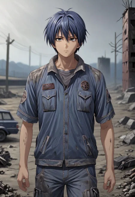 high resolution, solo, best quality, 1Boy, Tomoya Okazaki, Grey Blue Hair, shallow depth of field, Post-Apocalyptic, survival, OverallDetail