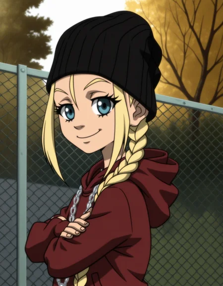 detailed, masterpiece, best quality,
necklace, beanie, hoodie,
outside, tree,
1girl, solo, looking at viewer,
<lora:tb-cindymcphearson:1>, xcindyx, blonde hair, long hair, single braid, blue eyes, eyelashes,