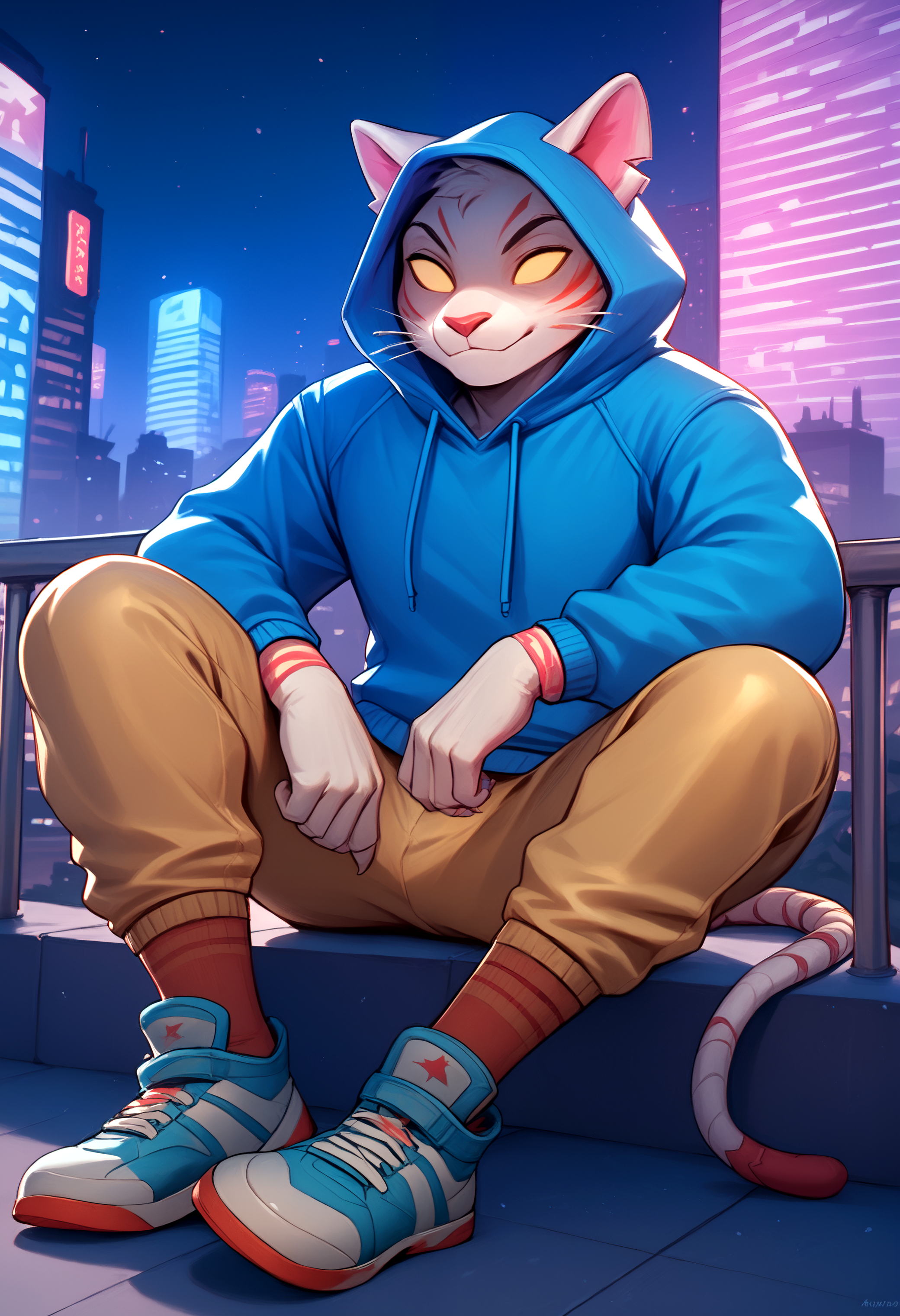 score_9, score_8_up, score_7_up, 1boy, solo,  <lora:NyanjaPony-000003>, white fur, no pupils,hood up, blue hooded sweater, blue pants, shoes, socks,  city, night, sitting, relaxing, neon lights, city lights,