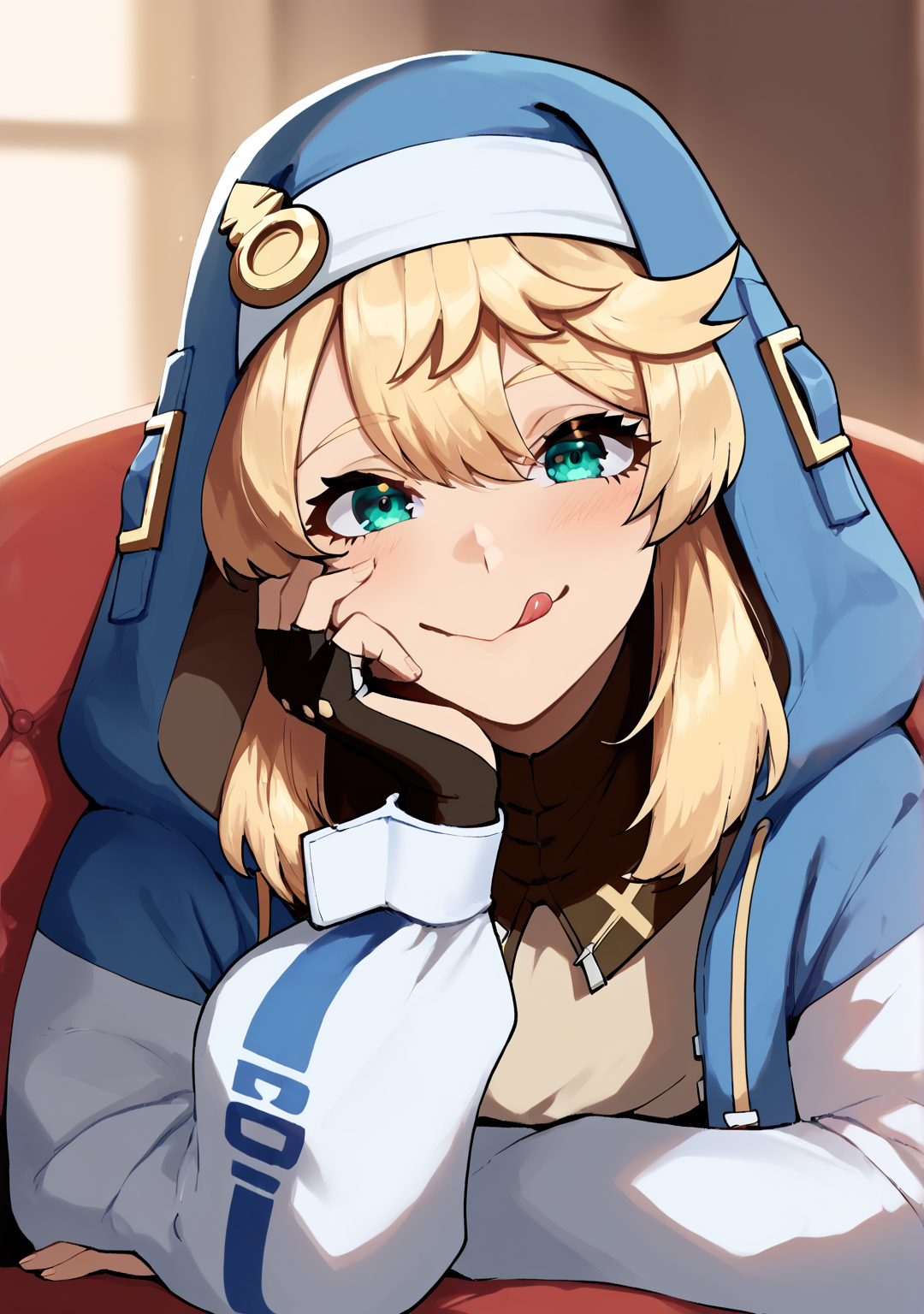 score_8_up, score_7_up, score_6_up, score_5_up, score_4_up, anime screenshot, uncensored, looking at viewer, 
<lora:Bridget Guilty Gear (Autism SDXL)-000009:0.7> 1boy, bridget (guilty gear), hood, blonde hair, jacket, androgyne symbol, habit, black gloves, aqua eyes
 <lora:Nyantcha (Autism Mix XL):1> nyantcha, head rest, hand on own cheek, tongue out,