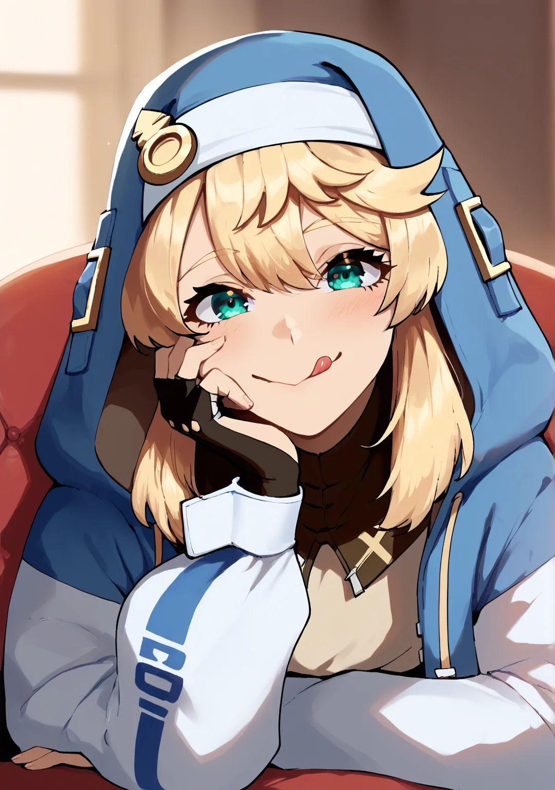 score_8_up, score_7_up, score_6_up, score_5_up, score_4_up, anime screenshot, uncensored, looking at viewer, 
<lora:Bridget Guilty Gear (Autism SDXL)-000009:0.7> 1boy, bridget (guilty gear), hood, blonde hair, jacket, androgyne symbol, habit, black gloves, aqua eyes
 <lora:Nyantcha (Autism Mix XL):1> nyantcha, head rest, hand on own cheek, tongue out,