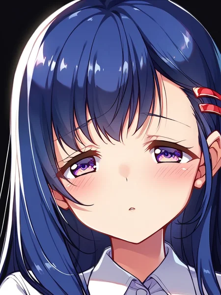 score_9, score_8_up, score_7_up,  
1girl, takatsuki yuuna, blue hair, long hair, hairclip, purple eyes, 

black background, parted lips, narrowed eyes, blush, looking at viewer, face, white shirt, 