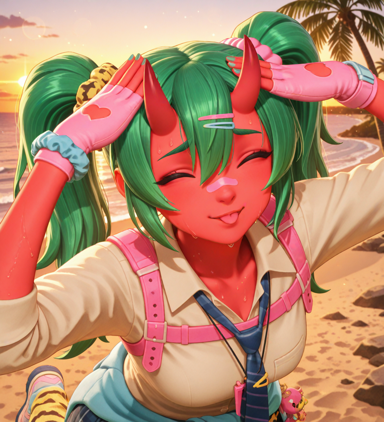 (dance, sparkling, happy, smile:1.2), (portrait, AhEtoBlehMeme, closed eyes, tongue out, :p, hands on own head, smile, looking at viewer, depth of field, bokeh, sunset, golden hour, beach, sand, palm tree, ocean, rocks, detailed background:1.5), fortnite_nemia, 1girl, solo, green hair, twintails, ponytail, long hair, bangs, hair between eyes, hair over one eye, ears, horns, oni horns, single horn, red skin, pink skin, blue eyes, parted lips, bandaid, bandaid on nose, bandaid on thighs, breasts, shirt, school uniform, necktie, plaid skirt, thighhighs, socks, loose socks, boots, jewelry, earrings, bracelet, charm, belt, gloves, fingerless gloves, knee pads, leg warmers, collarbone, solo, colored skin, hair ornament, hairclip, scrunchie, holster, striped necktie, clothes around waist, oni, plaid, charm (object), blue necktie, sweater around waist, animal print, heart, shoes, star (symbol), thigh holster, (female focus, female_focus, sweating, sweat:1.8),  <lora:Fortnite_Nemia_Demonically_Cute_Set_ILXL_E41_16_DIM:0.7>, <lora:dmd2_sdxl_4step_lora:1> <lora:AhEtoBlehMeme_illusXLNoobAI_Incrs_v1:1>