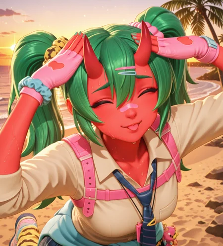 (dance, sparkling, happy, smile:1.2), (portrait, AhEtoBlehMeme, closed eyes, tongue out, :p, hands on own head, smile, looking at viewer, depth of field, bokeh, sunset, golden hour, beach, sand, palm tree, ocean, rocks, detailed background:1.5), fortnite_nemia, 1girl, solo, green hair, twintails, ponytail, long hair, bangs, hair between eyes, hair over one eye, ears, horns, oni horns, single horn, red skin, pink skin, blue eyes, parted lips, bandaid, bandaid on nose, bandaid on thighs, breasts, shirt, school uniform, necktie, plaid skirt, thighhighs, socks, loose socks, boots, jewelry, earrings, bracelet, charm, belt, gloves, fingerless gloves, knee pads, leg warmers, collarbone, solo, colored skin, hair ornament, hairclip, scrunchie, holster, striped necktie, clothes around waist, oni, plaid, charm (object), blue necktie, sweater around waist, animal print, heart, shoes, star (symbol), thigh holster, (female focus, female_focus, sweating, sweat:1.8), <lora:Fortnite_Nemia_Demonically_Cute_Set_ILXL_E41_16_DIM:0.7>, <lora:dmd2_sdxl_4step_lora:1> <lora:AhEtoBlehMeme_illusXLNoobAI_Incrs_v1:1>