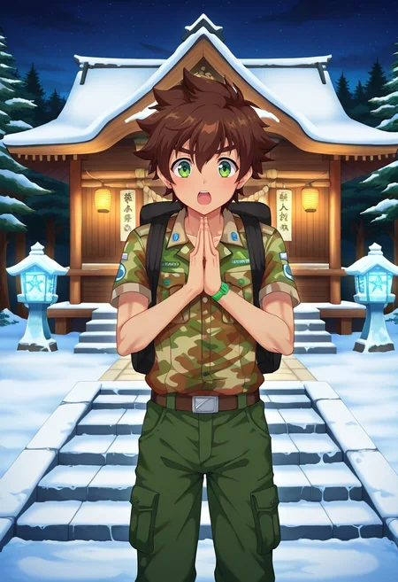 masterpiece, best quality, , anime screencap, , official style, , , 1boy, solo, male focus, <lora:keitaro_nagame_ilxl:1>, keitaro_nagame, brown hair, green eyes, short hair, , uniform, winter shrine, snow drifts, ice lanterns, stone steps, praying pose, reverent expression, dawn, Piqué Cargo pants, Camouflage Mauve Rayon Denim shirt, , , Laptop Backpack and