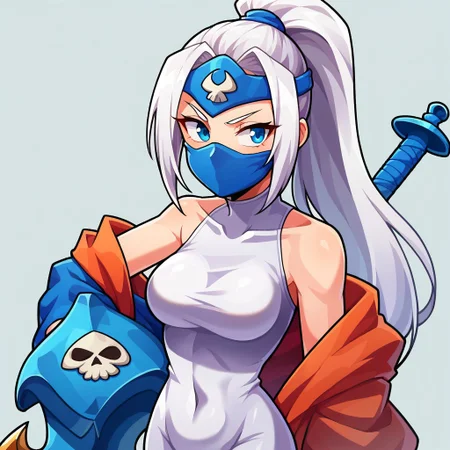 score_9, score_8_up, WakfuMMOArt, medium shot, half body, upper body, cartoony, 2d, highres, 1girl, solo, long hair, white bodysuit, white hair, blue eyes, weapon, white mask, lower face mask, ponytail, simple background, breasts, bare shoulders, white unitard, daggers, floating daggers, blue bones printing, blue skull helmet, Sram, assasin, sneaky, tight bodysuit,