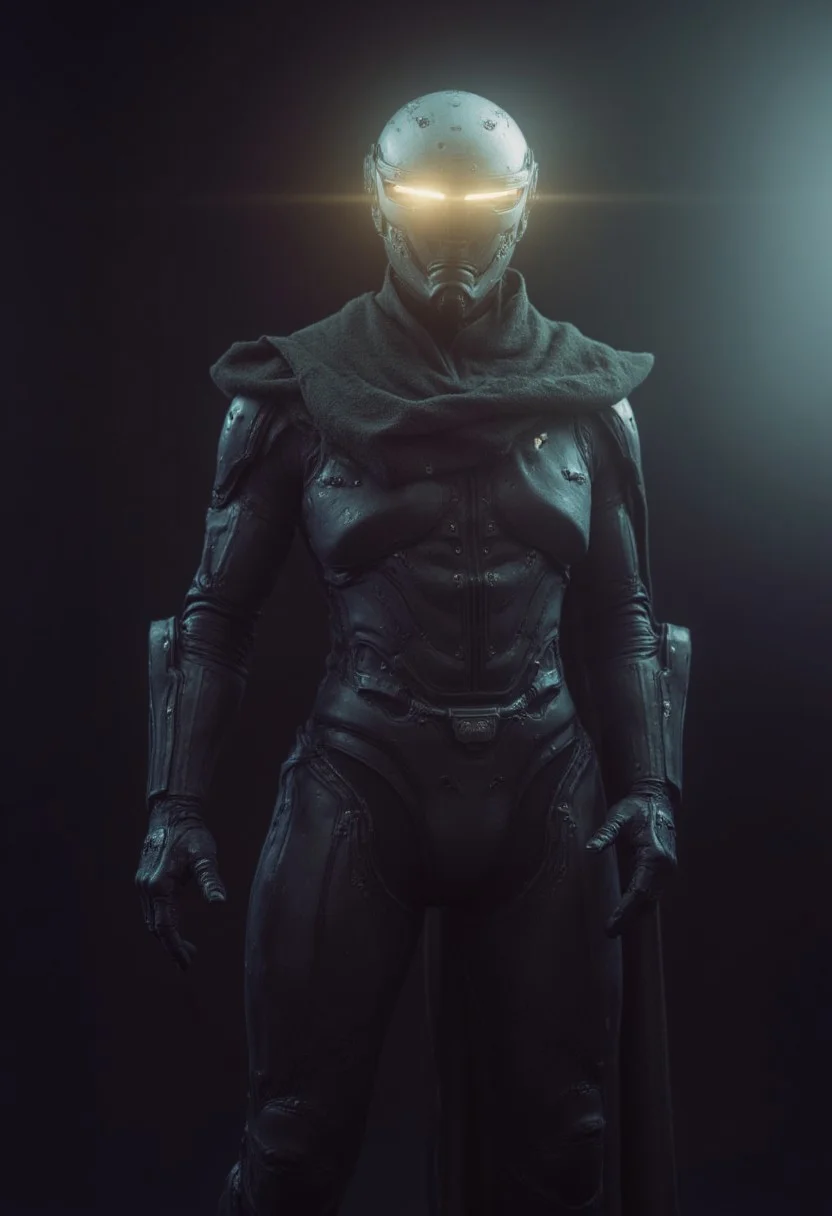 photorealistic shot of a solo, 1boy, upper body, male focus, armor, no humans, glowing, helmet, robot, mecha, cloak, science fiction, cyborg, mechanical parts, humanoid robot