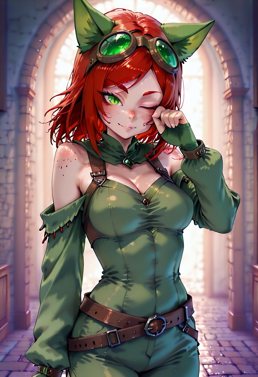 masterpiece, best quality, highres, absurdres, amazing quality, high resolution,medieval background,Enchanting Eyes,
red hair, Goggles, red freckles, green lenses, green cat ears, green eyes, medium breasts, cat eyes, slit pupils, bare shoulders
belt cuffs, long sleeves, sleeves past wrists,,,looking at viewer, cowboy shot,
rubbing eyes, one eye closed