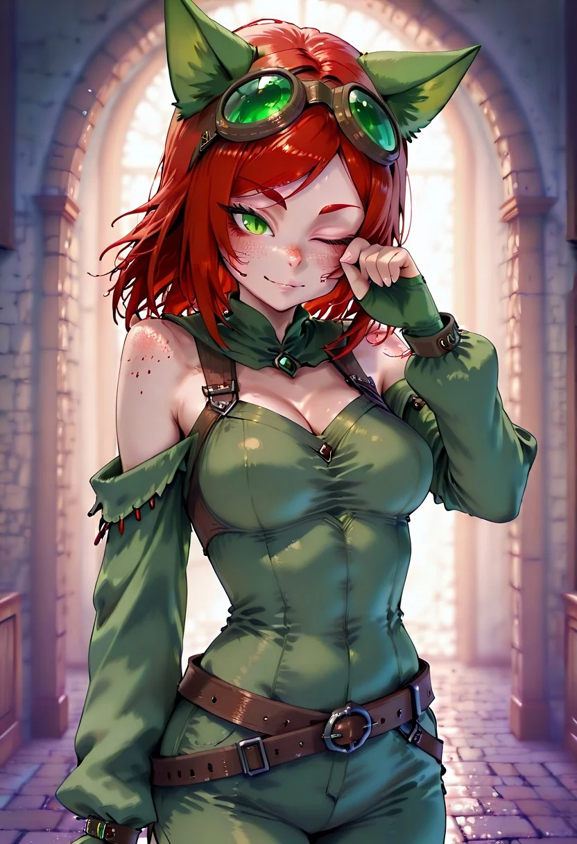 masterpiece, best quality, highres, absurdres, amazing quality, high resolution,medieval background,Enchanting Eyes,
red hair, Goggles, red freckles, green lenses, green cat ears, green eyes, medium breasts, cat eyes, slit pupils, bare shoulders
belt cuffs, long sleeves, sleeves past wrists,,,looking at viewer, cowboy shot,
rubbing eyes, one eye closed
