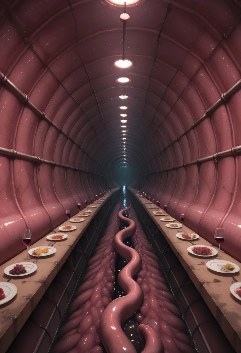 masterpiece, absurdres, best quality, amazing quality, ultra-detailed, newest, extremely detailed, very aesthetic,
ultra detailed, intricate detail, ultra sharp,
exquisite detail, exciting background,
horror,
BREAK,
empty tunnel, (no human:1.3),
dining table, dinner, wine,
tunnel, sewer tunnel, reflection, creepy, dark, dirty,
monster_wall, tentacles, grey monster, multiple monsters, tentacle pit, licking, tongue, interspecies,