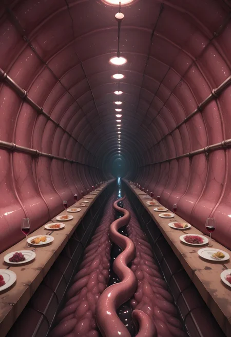 masterpiece, absurdres, best quality, amazing quality, ultra-detailed, newest, extremely detailed, very aesthetic, 
ultra detailed, intricate detail, ultra sharp, 
exquisite detail, exciting background, 
horror, 
BREAK, 
empty tunnel, (no human:1.3), 
dining table, dinner, wine, 
tunnel, sewer tunnel, reflection, creepy, dark, dirty, 
monster_wall, tentacles, grey monster, multiple monsters, tentacle pit, licking, tongue, interspecies,