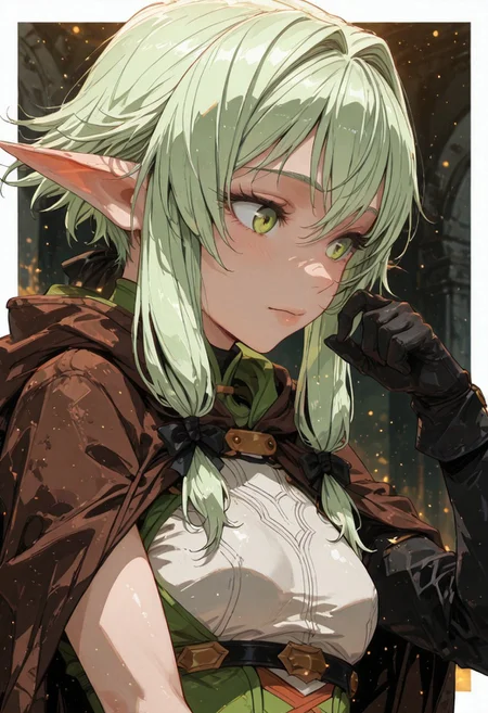 score_9, score_8_up, score_7_up,source_anime, high res image, masterpiece, best quality, masterpiece, newest, absurdres, best quality, hires, <lora:GEN(illust) 0.2v:1>high contrast, <lora:Elf_IL:0.8> , High_Elf_Archer_(Goblin_Slayer!)
BREAK 1girl, solo, green_eyes, green_hair, short_hair_with_long_locks, small_breasts, pointy_ears, hair_bow
brown_cloak, hood_down, sleeveless_shirt, single_sleeve, black_gloves,
closeup, closeup to face, portrait, outside border
simple background
light particles. cinematic angle, detailed background, beautiful background, (rays light:1.0),(grow:1.0)