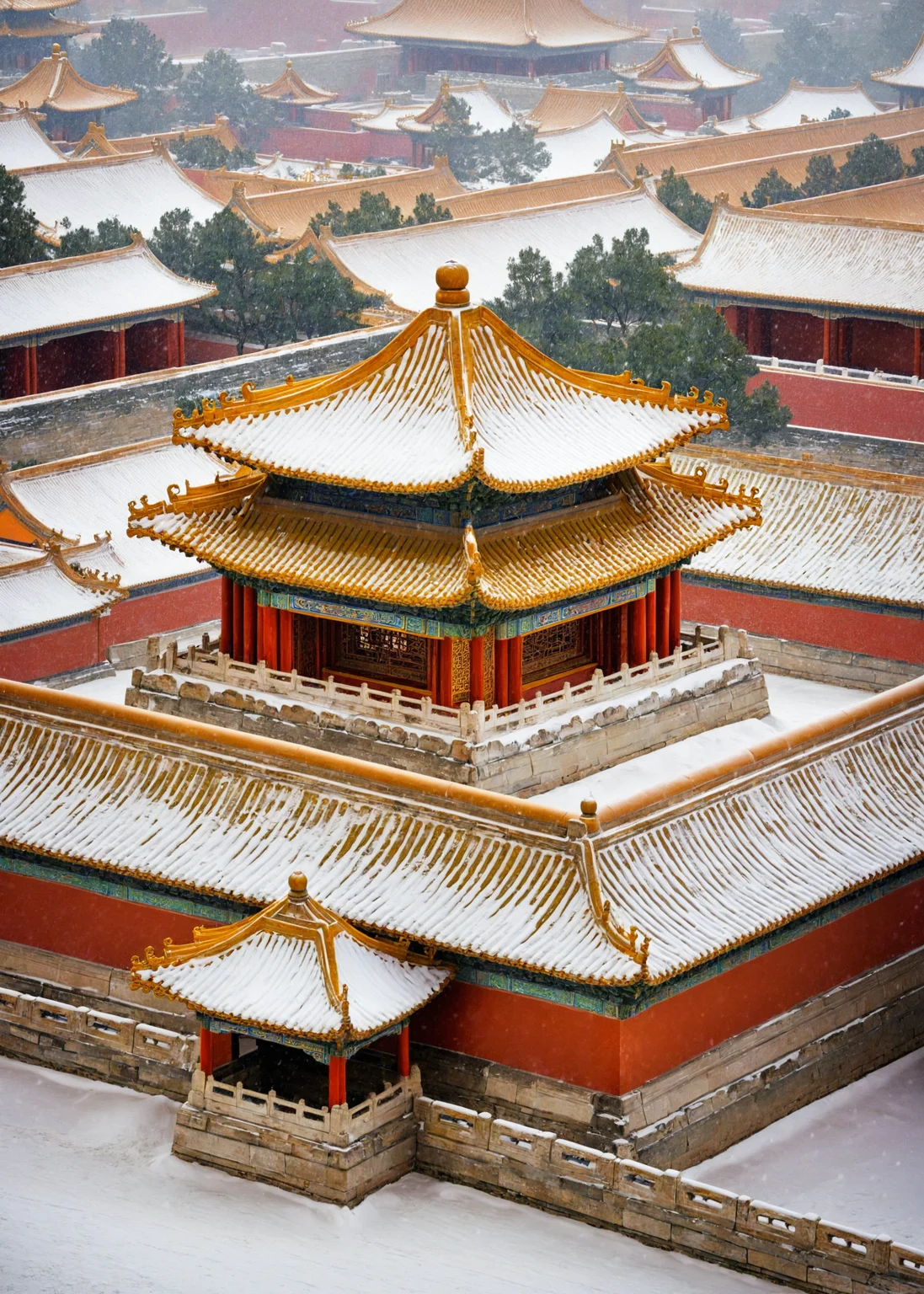 <lora:æå®«:1>,The Forbidden City,no humans,
This image showcases an exquisite display of traditional East Asian architecture,most likely from China. The scene is dominated by multi-tiered roofs adorned with intricate designs and patterns. Snow blankets the rooftops,adding a serene and tranquil ambiance to the setting. The pagoda-like structures are ornate,with golden embellishments and colorful tiles. The overall scene is a blend of nature's beauty and human architectural artistry,capturing the essence of a snowy day in a historic location.,, masterpiece, best quality,