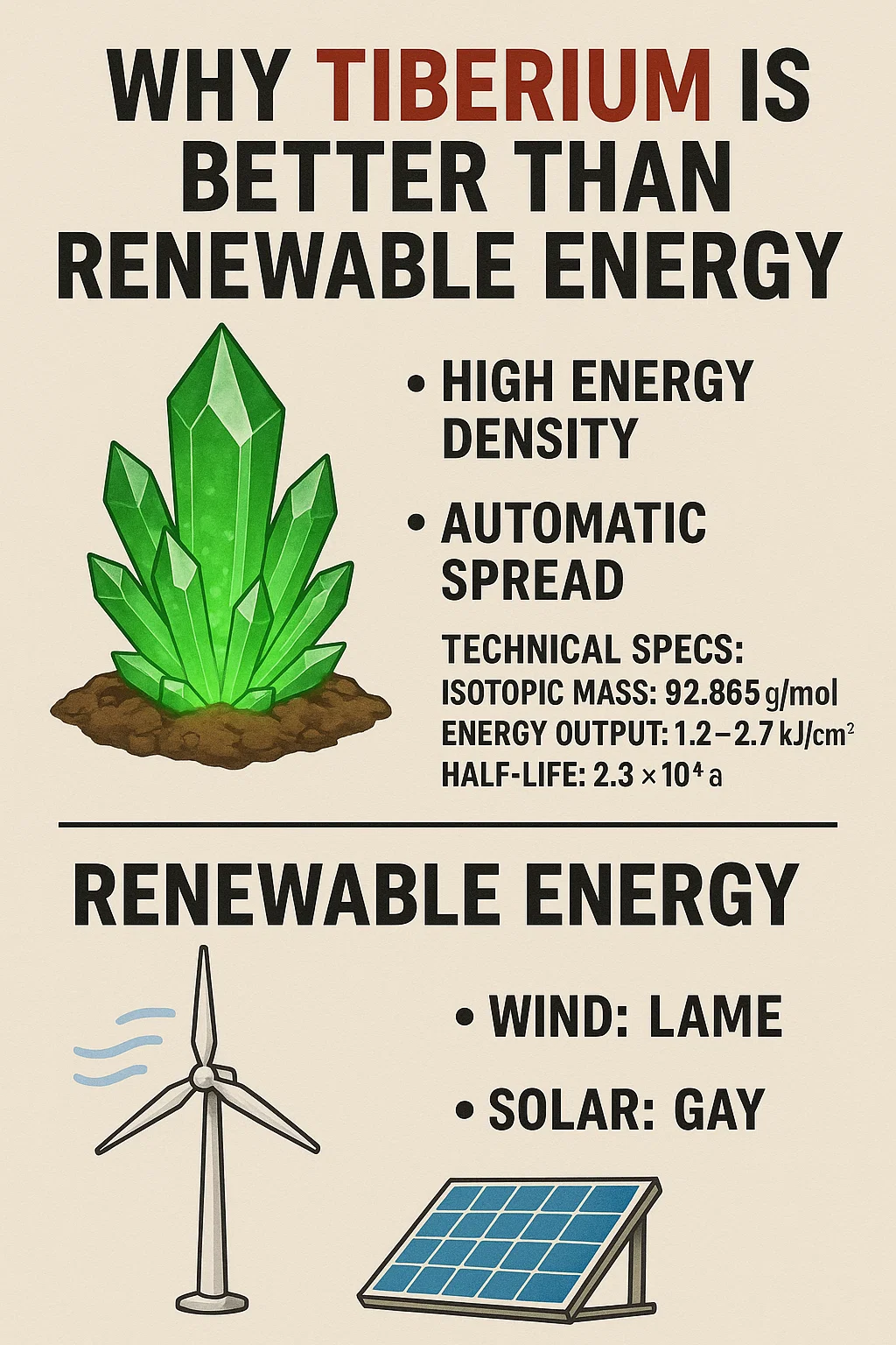 make a detailed infographic on why tiberium is better than renewable energy like windmills and solar panels, give technical specifications for tiberium, but use arguments like "lame" and "gay" against renewables