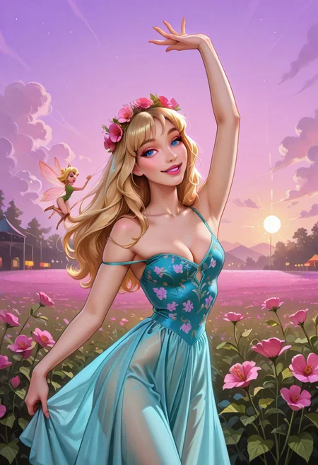 DisneyAurora, 1girl, blonde hair, blue eyes, solo, POH-Illu, flowers, hair flowers, hair ornament,
fae, fairy, playful, sexy, teasing, dancing, in a garden, sunshine, puffy clouds, hazy sunshine,
slender,
intricate sundress, festival dress,
slender hips, tiny waist,
strap slip, cleavage, small breasts,
masterpiece, best quality, newest, absurdres, highres, very awa